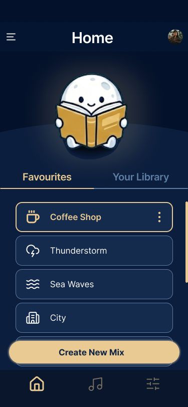 Moony's Home screen: the Favourites and Your Library tabs listing saved mixes like Coffee Shop, Thunderstorm, Sea Waves and City.