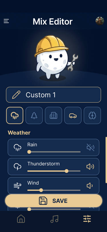 Moony's Mix Editor: a mix named Custom 1 with category filters and volume sliders for Rain, Thunderstorm and Wind.