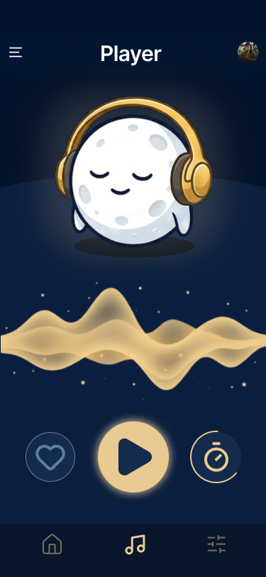 Moony's Player screen: the moon mascot wearing headphones above a golden sound wave, with favourite, play and sleep-timer buttons.